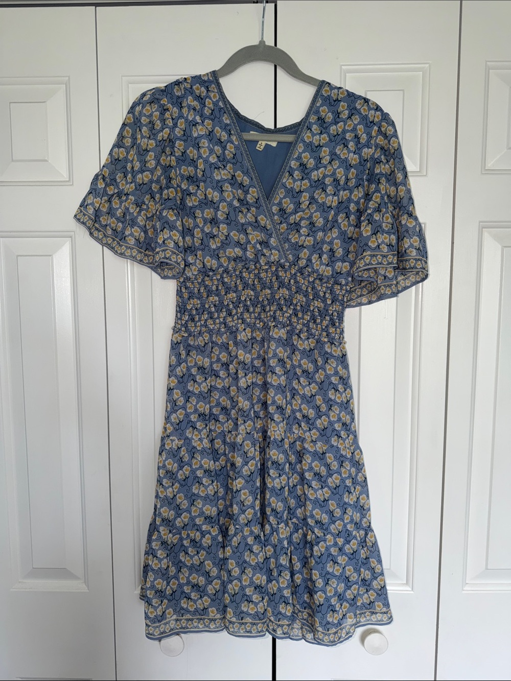 Max Studio Blue Floral V-Neck Smocked Waist Midi Dress